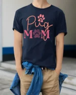Pug Mom Paw Print Dog Lover Graphic T-Shirt - model wearing navy shirt, hands in pockets