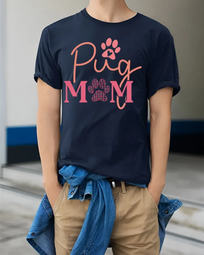 Pug Mom Paw Print Dog Lover Graphic T-Shirt - model wearing navy shirt, hands in pockets