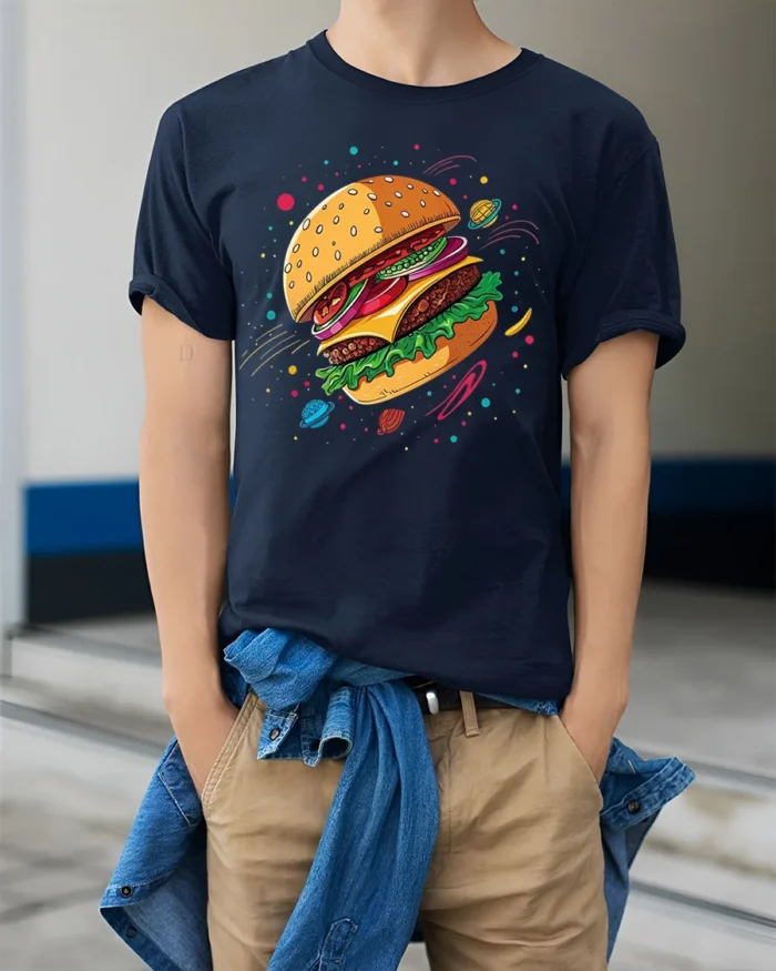 Cosmic Burger Space Foodie Graphic T-Shirt - model wearing navy shirt, hands in pockets