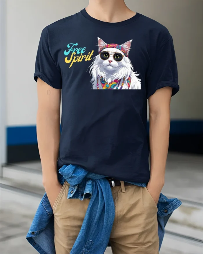 Hippie Cat Free Spirit Graphic T-Shirt - model wearing navy shirt, hands in pockets