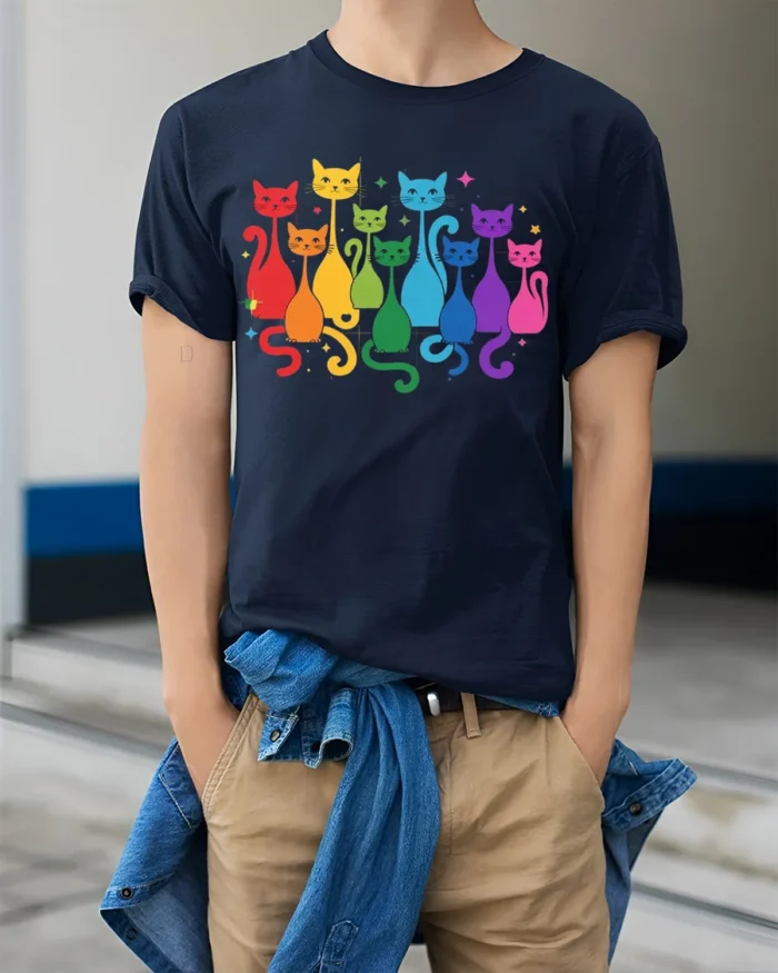 Rainbow Cats Colorful Graphic Pride T-Shirt - model wearing navy shirt, hands in pockets