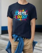 Create Loudly Colorful Paint Splash T-Shirt - model wearing navy shirt, hands in pockets