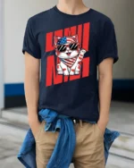 Patriotic Lucky Cat American Flag T-Shirt - model wearing navy shirt, hands in pockets