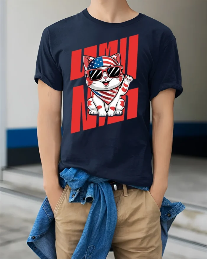 Patriotic Lucky Cat American Flag T-Shirt - model wearing navy shirt, hands in pockets