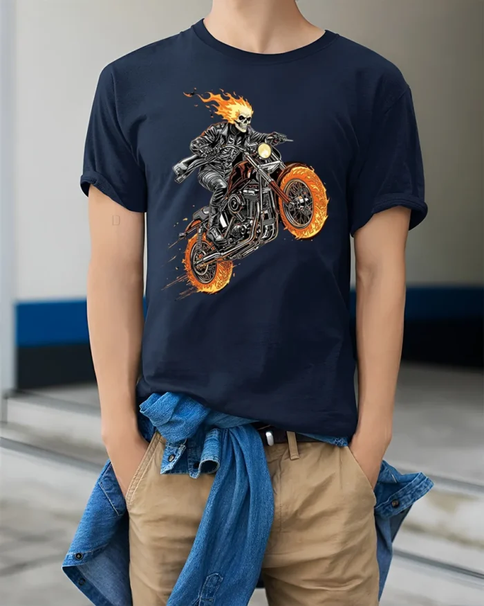 Flaming Skull Rider Motorcycle Graphic T-Shirt - model wearing navy shirt, hands in pockets