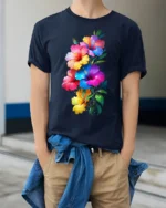 Tropical Hibiscus Bloom Colorful Graphic T-Shirt - model wearing navy shirt, hands in pockets
