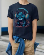 Cyber Cat Headphones Neon Music Graphic T-Shirt - model wearing navy shirt, hands in pockets