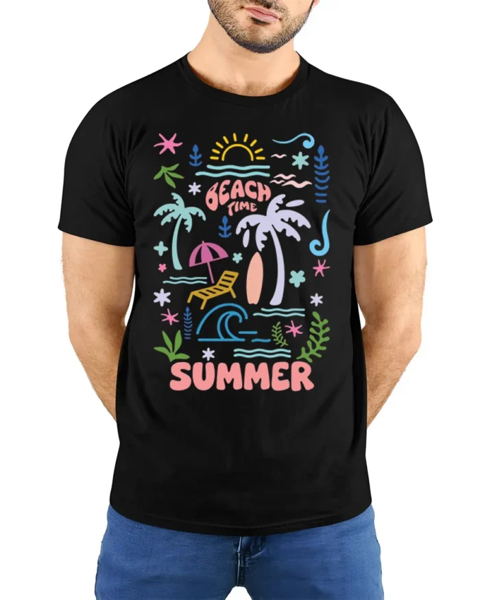 Beach Time Summer Vibes Graphic T-Shirt - model wearing black shirt, hands behind back