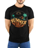 Retro Summer Vibes Beach Sunset Graphic T-Shirt - model wearing black shirt, hands behind back