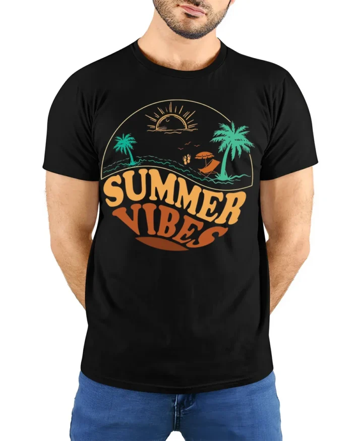 Retro Summer Vibes Beach Sunset Graphic T-Shirt - model wearing black shirt, hands behind back