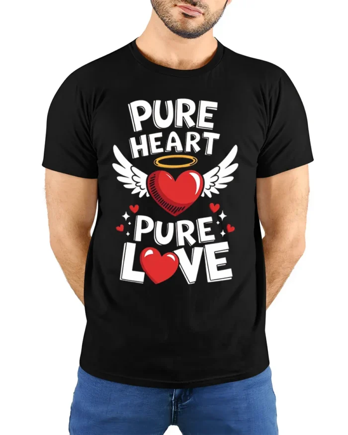 Pure Heart Pure Love Valentine Graphic T-Shirt - model wearing black shirt, hands behind back