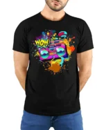 Retro Boombox Wow Pop Art Color Splash T-Shirt - model wearing black shirt, hands behind back