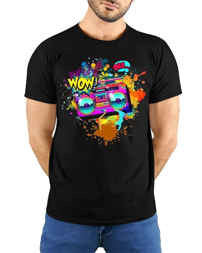 Retro Boombox Wow Pop Art Color Splash T-Shirt - model wearing black shirt, hands behind back