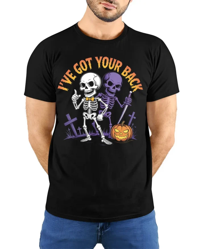 I’ve Got Your Back Funny Skeleton Halloween T-Shirt - model wearing black shirt, hands behind back