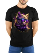 Neon Cyberpunk Cool Cat Sunglasses Graphic T-Shirt - model wearing black shirt, hands behind back