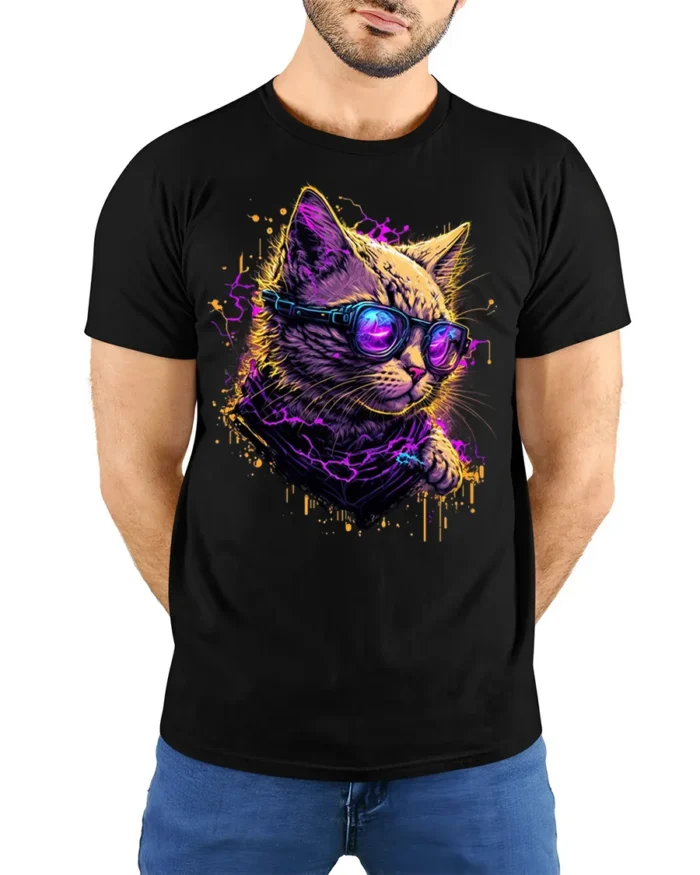 Neon Cyberpunk Cool Cat Sunglasses Graphic T-Shirt - model wearing black shirt, hands behind back
