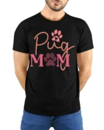 Pug Mom Paw Print Dog Lover Graphic T-Shirt - model wearing black shirt, hands behind back