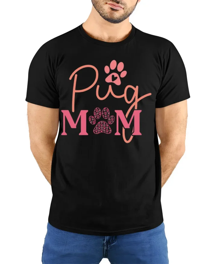 Pug Mom Paw Print Dog Lover Graphic T-Shirt - model wearing black shirt, hands behind back