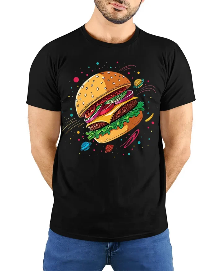 Cosmic Burger Space Foodie Graphic T-Shirt - model wearing black shirt, hands behind back
