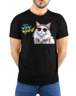 Hippie Cat Free Spirit Graphic T-Shirt - model wearing black shirt, hands behind back