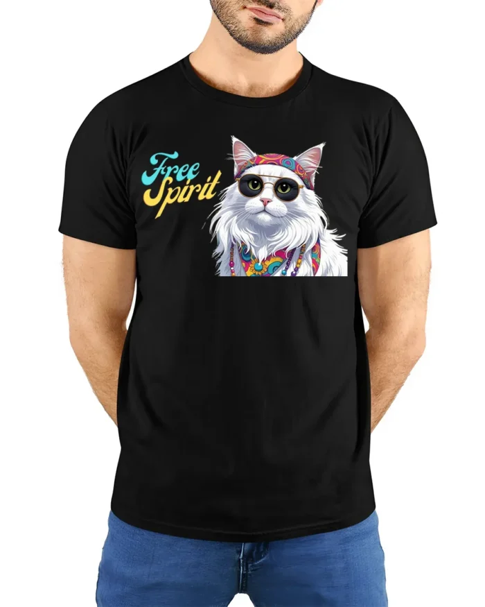 Hippie Cat Free Spirit Graphic T-Shirt - model wearing black shirt, hands behind back