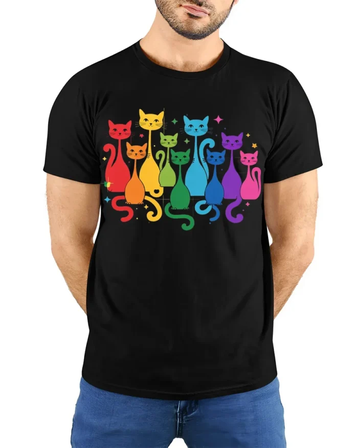 Rainbow Cats Colorful Graphic Pride T-Shirt - model wearing black shirt, hands behind back