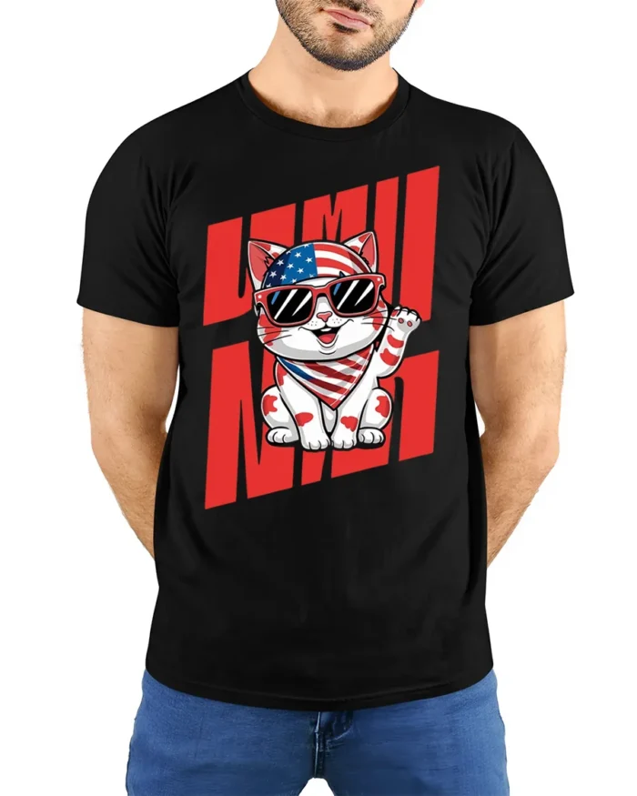 Patriotic Lucky Cat American Flag T-Shirt - model wearing black shirt, hands behind back