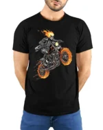 Flaming Skull Rider Motorcycle Graphic T-Shirt - model wearing black shirt, hands behind back
