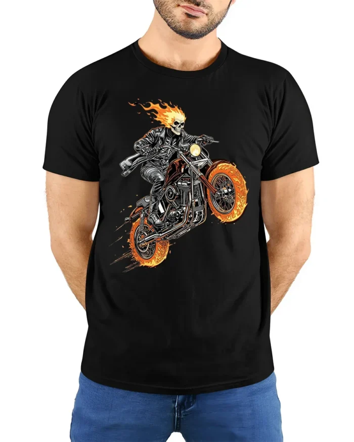 Flaming Skull Rider Motorcycle Graphic T-Shirt - model wearing black shirt, hands behind back