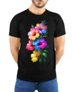 Tropical Hibiscus Bloom Colorful Graphic T-Shirt - model wearing black shirt, hands behind back