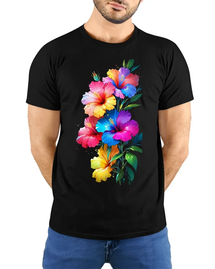 Tropical Hibiscus Bloom Colorful Graphic T-Shirt - model wearing black shirt, hands behind back