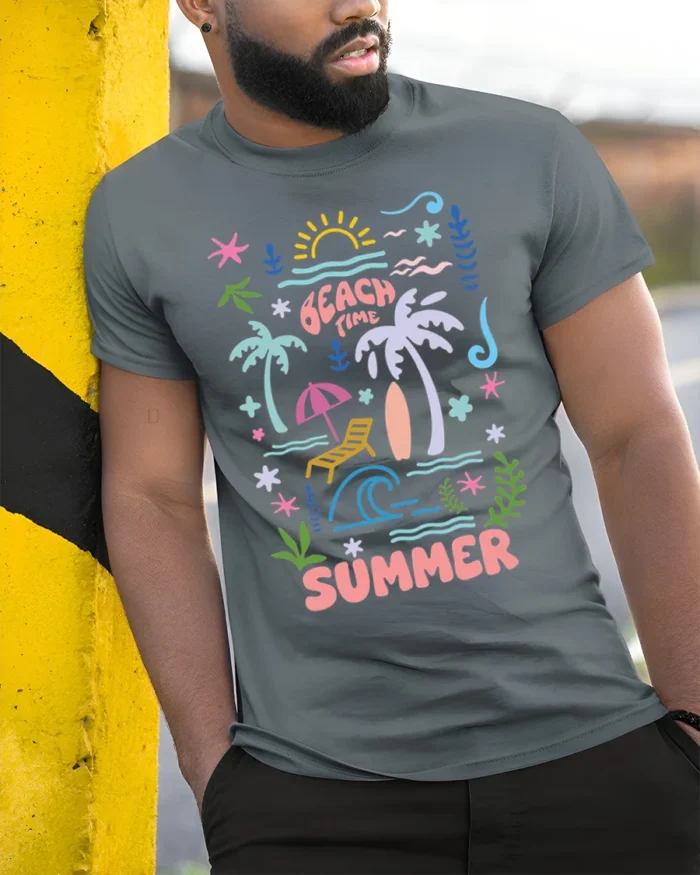 Beach Time Summer Vibes Graphic T-Shirt - model in grey shirt leaning against column