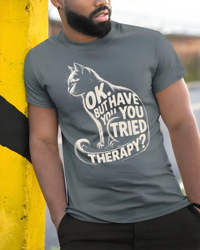 Funny Cat Therapy Quote Sarcastic Graphic T-Shirt - model in grey shirt leaning against column