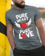 Pure Heart Pure Love Valentine Graphic T-Shirt - model in grey shirt leaning against column