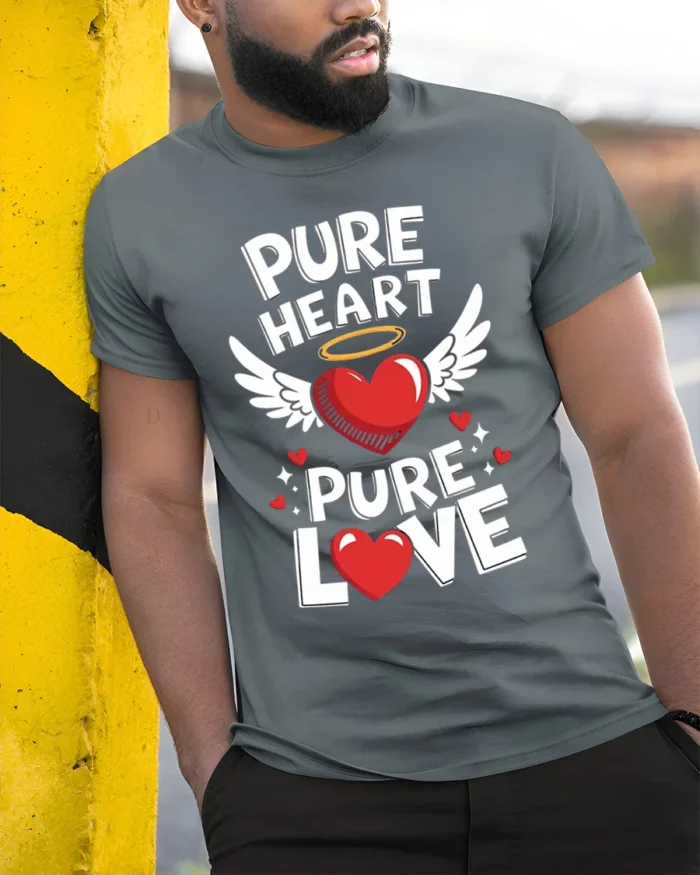 Pure Heart Pure Love Valentine Graphic T-Shirt - model in grey shirt leaning against column
