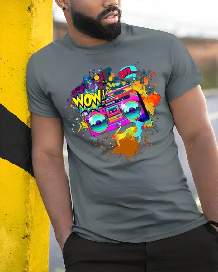Retro Boombox Wow Pop Art Color Splash T-Shirt - model in grey shirt leaning against column