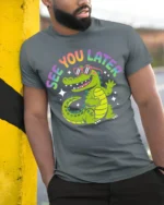 See You Later Funny Alligator Cartoon T-Shirt - model in grey shirt leaning against column