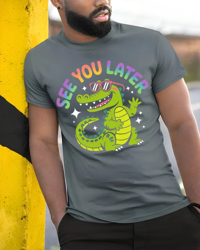 See You Later Funny Alligator Cartoon T-Shirt - model in grey shirt leaning against column