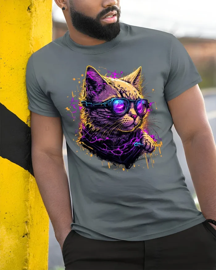 Neon Cyberpunk Cool Cat Sunglasses Graphic T-Shirt - model in grey shirt leaning against column