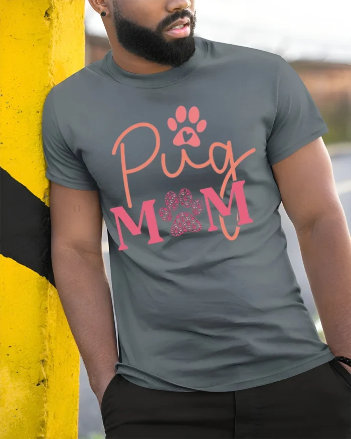 Pug Mom Paw Print Dog Lover Graphic T-Shirt - model in grey shirt leaning against column
