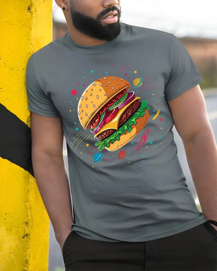 Cosmic Burger Space Foodie Graphic T-Shirt - model in grey shirt leaning against column