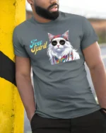 Hippie Cat Free Spirit Graphic T-Shirt - model in grey shirt leaning against column