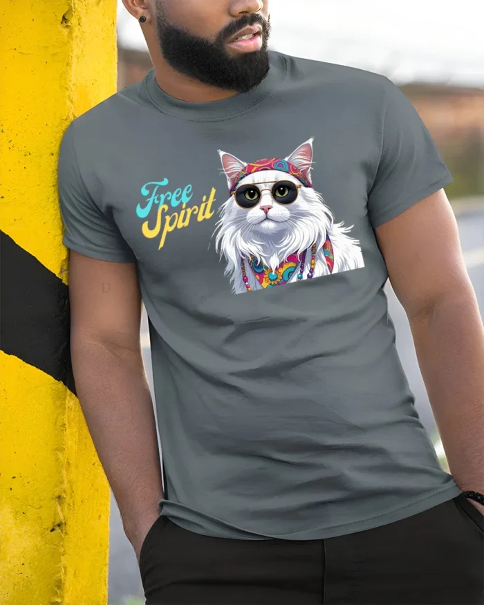 Hippie Cat Free Spirit Graphic T-Shirt - model in grey shirt leaning against column