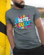 Create Loudly Colorful Paint Splash T-Shirt - model in grey shirt leaning against column