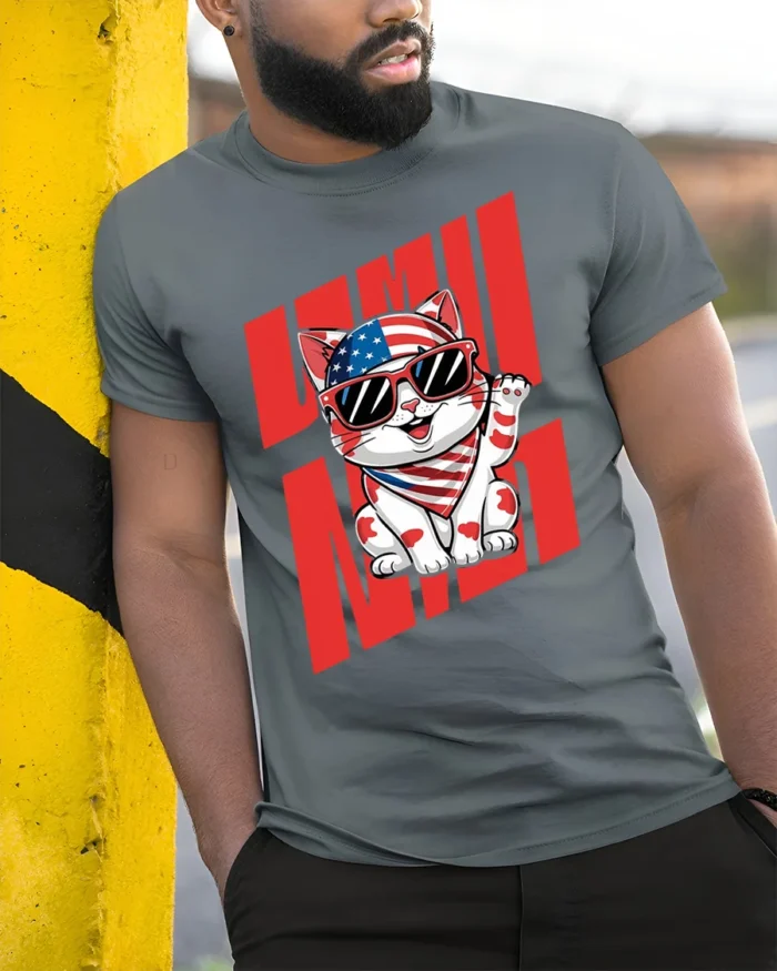 Patriotic Lucky Cat American Flag T-Shirt - model in grey shirt leaning against column