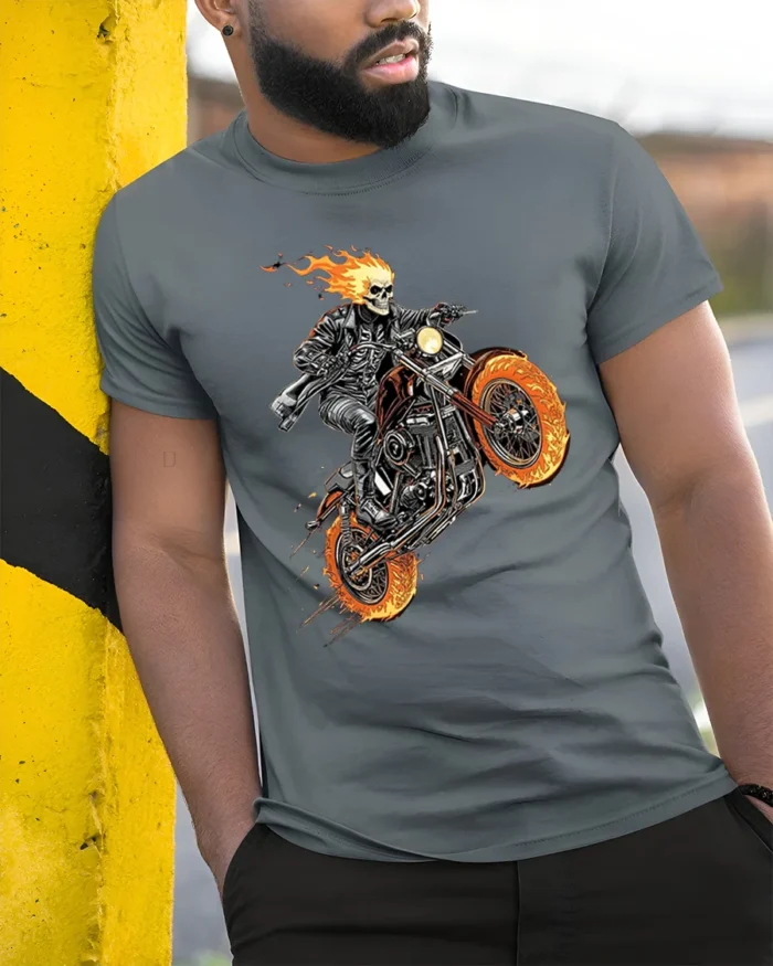 Flaming Skull Rider Motorcycle Graphic T-Shirt - model in grey shirt leaning against column