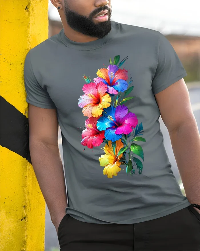 Tropical Hibiscus Bloom Colorful Graphic T-Shirt - model in grey shirt leaning against column