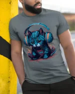 Cyber Cat Headphones Neon Music Graphic T-Shirt - model in grey shirt leaning against column