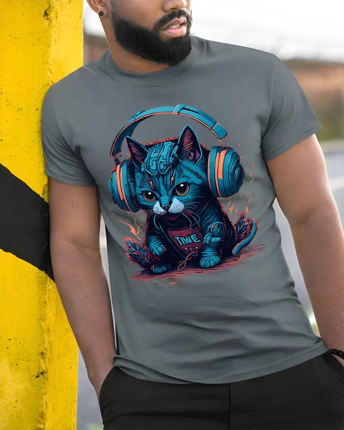 Cyber Cat Headphones Neon Music Graphic T-Shirt - model in grey shirt leaning against column