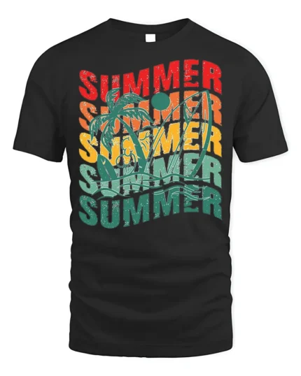 Retro Summer Vibes Palm Tree Surf Graphic T-Shirt - black t-shirt on white background